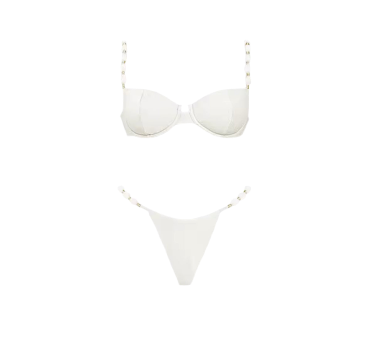 Weißer Bikini mit Perlen-Trägern – clean, luxuriös und perfekt für den Sommer.