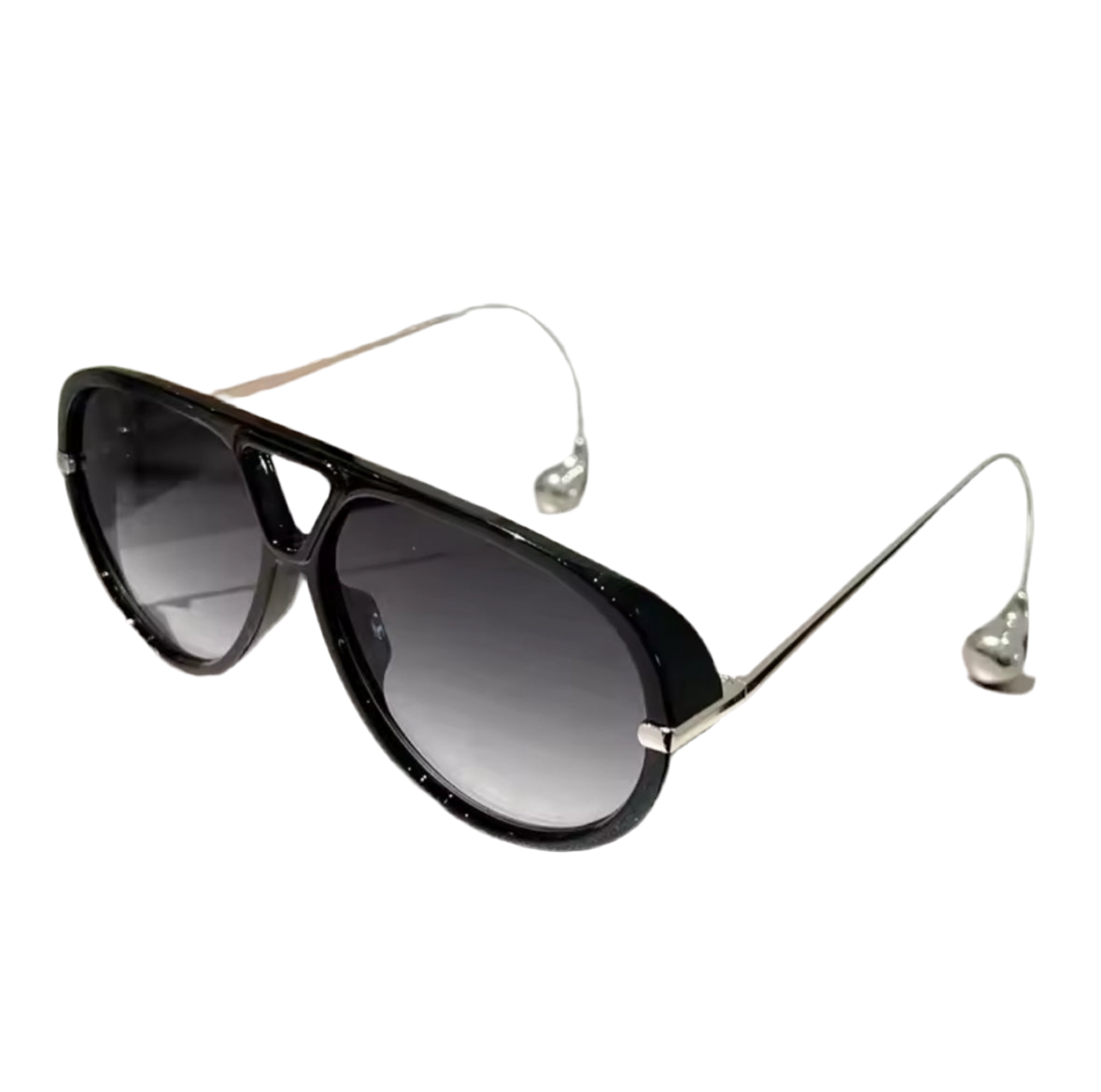 Moderne Sonnenbrille im Statement-Design mit tropfenförmigen Endstücken an goldenen oder silbernen Metallbügeln. Erhältlich in Schwarz, Blau, Braun, Gelb und Schildpatt – stilvoll, auffällig und hochwertig.