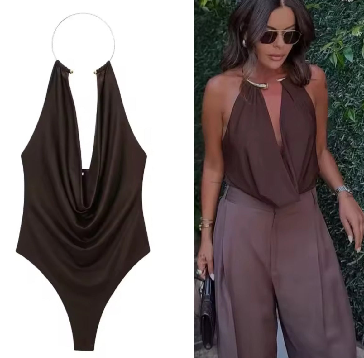 Brauner Body mit Wasserfallausschnitt und Halsring – elegantes Damen-Outfit für Abend und Event