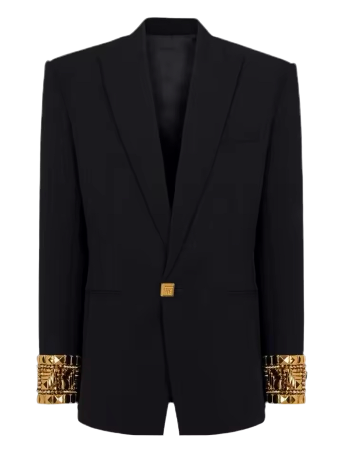 Eleganter Blazer mit goldenen Details an den Ärmelabschlüssen und einer edlen, goldenen Verschlussverzierung. Verfügbar in Schwarz und Weiß – perfekt für einen luxuriösen und kraftvollen Statement-Look.
