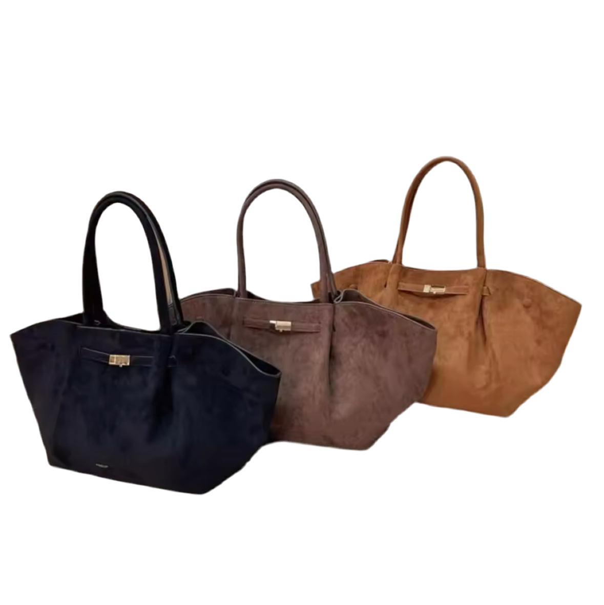 Elegante, große Handtasche mit luxuriöser Wildleder-Optik und goldenen Details. Verfügbar in Schwarz, Dunkelbraun und Cognacbraun. Perfekt für einen stilvollen, zeitlosen Look – ideal für Business und Alltag.