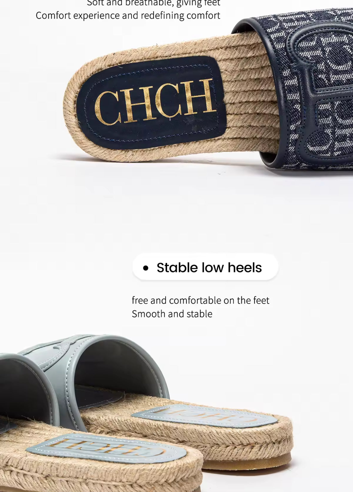 CHCH Slides in Pink, Hellblau und Dunkelblau mit Bast-Optik und rutschfester Gummisohle