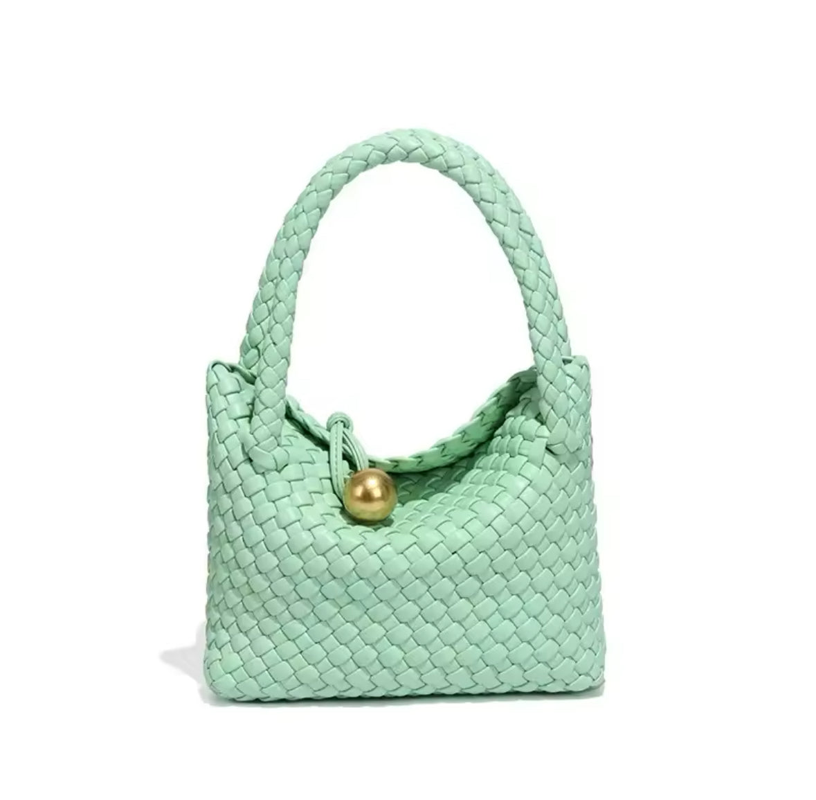 Luxuriöse, handgeflochtene Ledertasche mit goldener Kugelverzierung. Das elegante Design verleiht jedem Look einen Hauch von Raffinesse. Verfügbar in verschiedenen Farben, darunter Schwarz, Braun, Grün, Bordeaux, Silber und Pastelltöne.