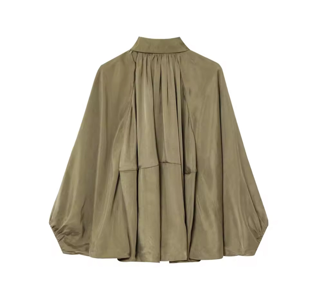 Louvre Blouson – Satinbluse mit Falten und Ballonärmeln, in Olive, Taupe und Gelb, tragbar als Bluse oder leichte Jacke in Größen S, M, L