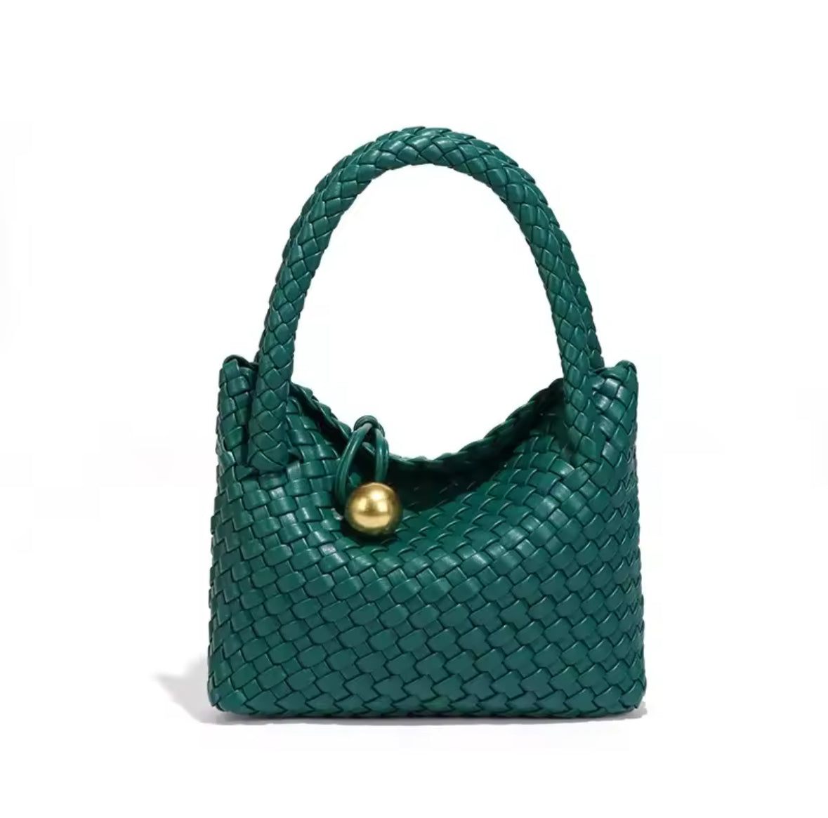 Luxuriöse, handgeflochtene Ledertasche mit goldener Kugelverzierung. Das elegante Design verleiht jedem Look einen Hauch von Raffinesse. Verfügbar in verschiedenen Farben, darunter Schwarz, Braun, Grün, Bordeaux, Silber und Pastelltöne.