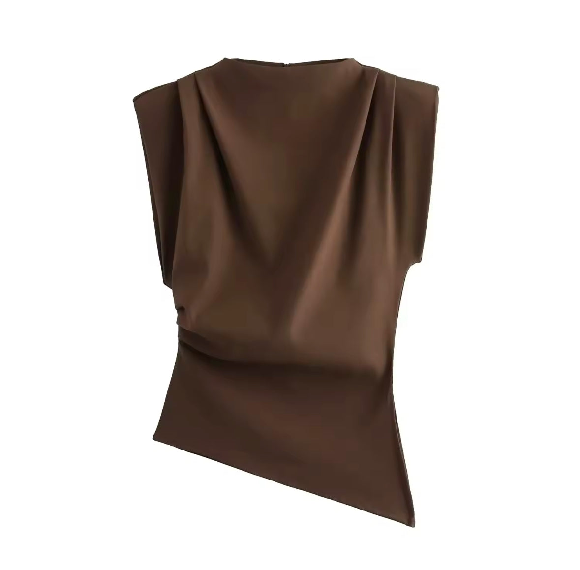 Ärmelloses, asymmetrisches Top mit elegantem Faltenwurf in drei Farben – Braun, Burgunderrot und Schwarz. Perfekt für einen stilvollen und modernen Look.