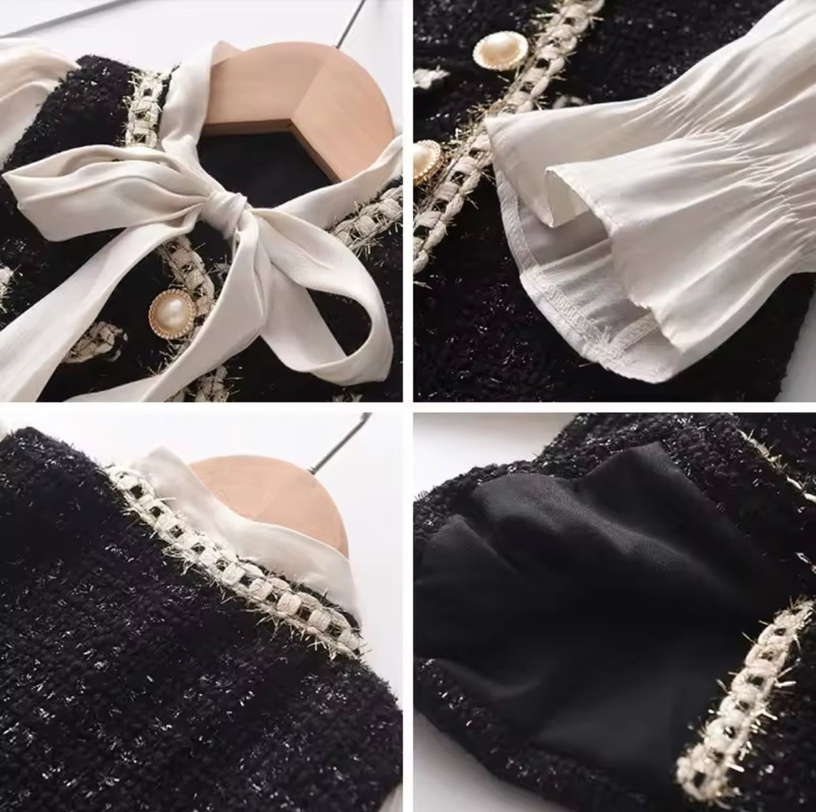 Mädchen-Tweed-Kleid in Schwarz mit Perlenknöpfen, dekorativen Taschen und cremefarbener Bluse mit Schleife und langen Ärmeln.