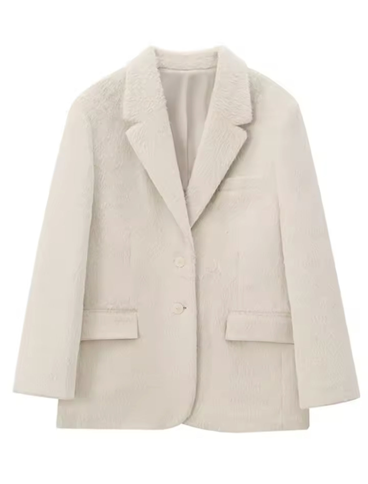 Eleganter Oversized-Mantel aus flauschigem, strukturiertem Material mit klassischem Blazer-Schnitt. Verfügbar in Rosa, Beige und Grau – perfekt für einen luxuriösen, stilvollen Look mit modernem Touch.