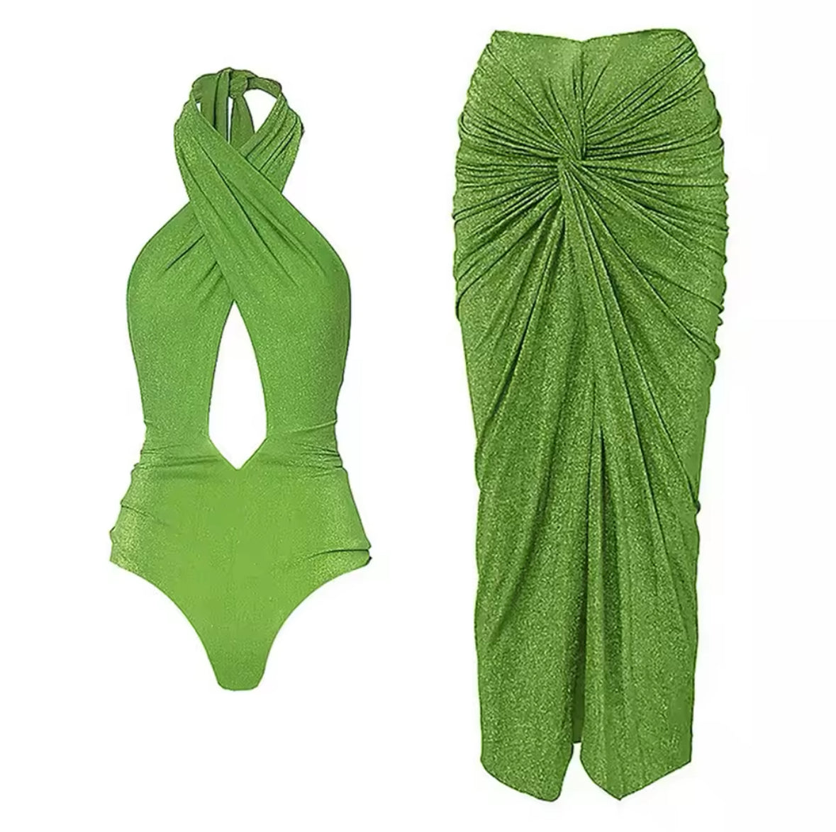 Glowia Badeanzugset in leuchtendem Limettengrün mit Wickelrock – modernes Strandoutfit mit eleganter Drapierung.