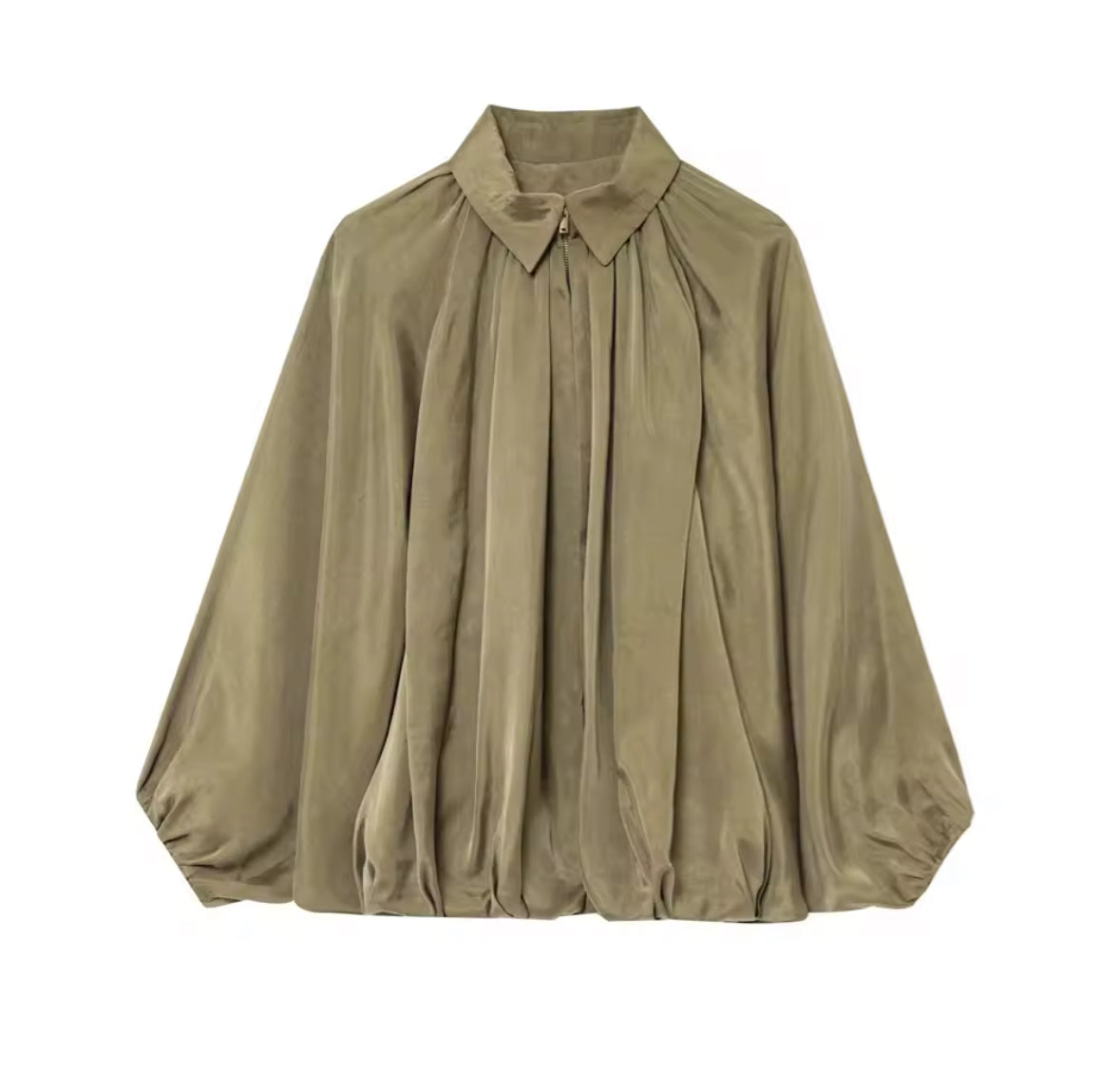 Louvre Blouson – Satinbluse mit Falten und Ballonärmeln, in Olive, Taupe und Gelb, tragbar als Bluse oder leichte Jacke in Größen S, M, L