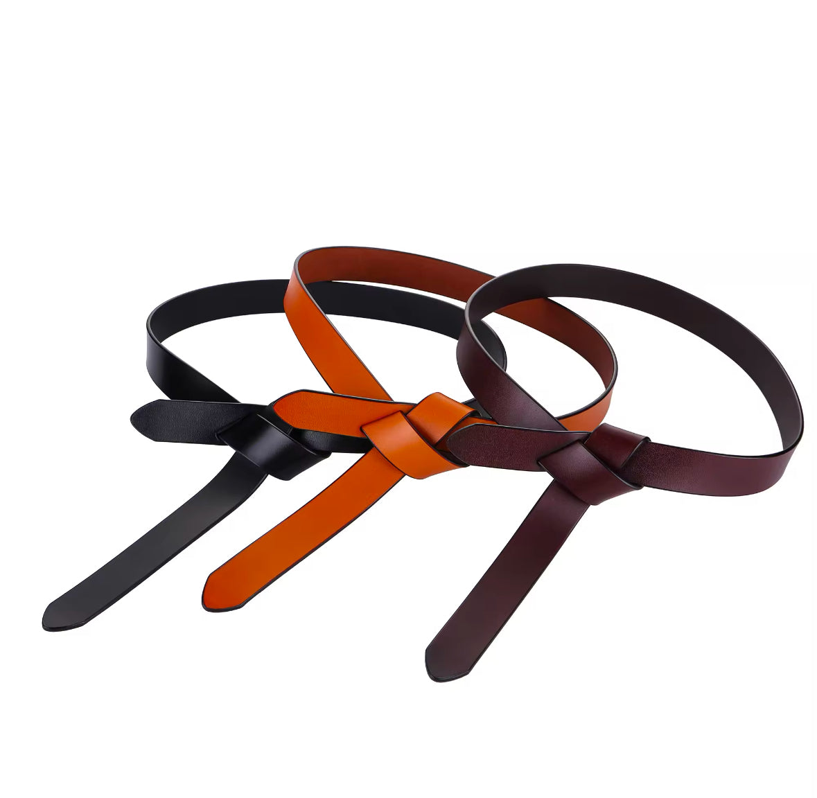 Eleganter Ledergürtel mit kunstvoll geknotetem Design. Verfügbar in Schwarz, Dunkelbraun und Cognacbraun – perfekt, um jedem Outfit eine edle, feminine Silhouette zu verleihen.