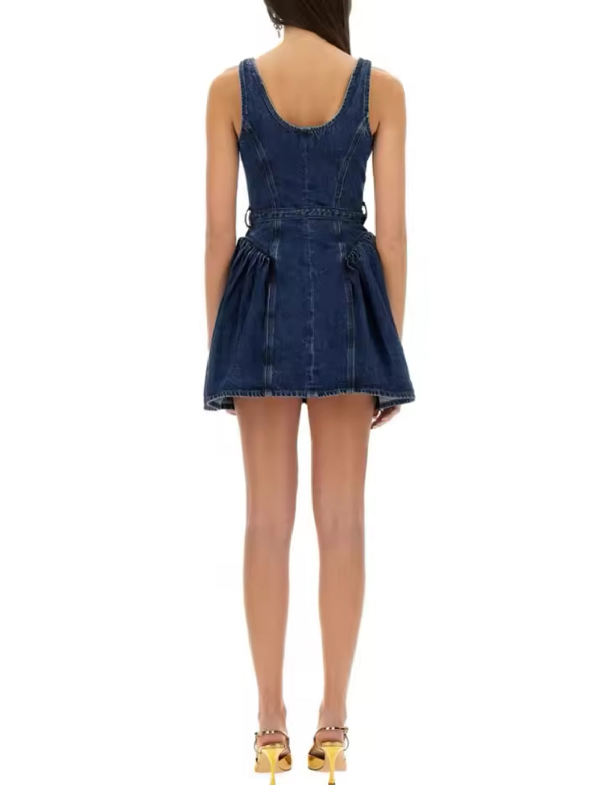 Damen Minikleid aus dunkelblauem Denim mit Knopfleiste, Taillengürtel und Brusttaschen – figurbetontes Jeanskleid im luxuriösen Vintage-Stil