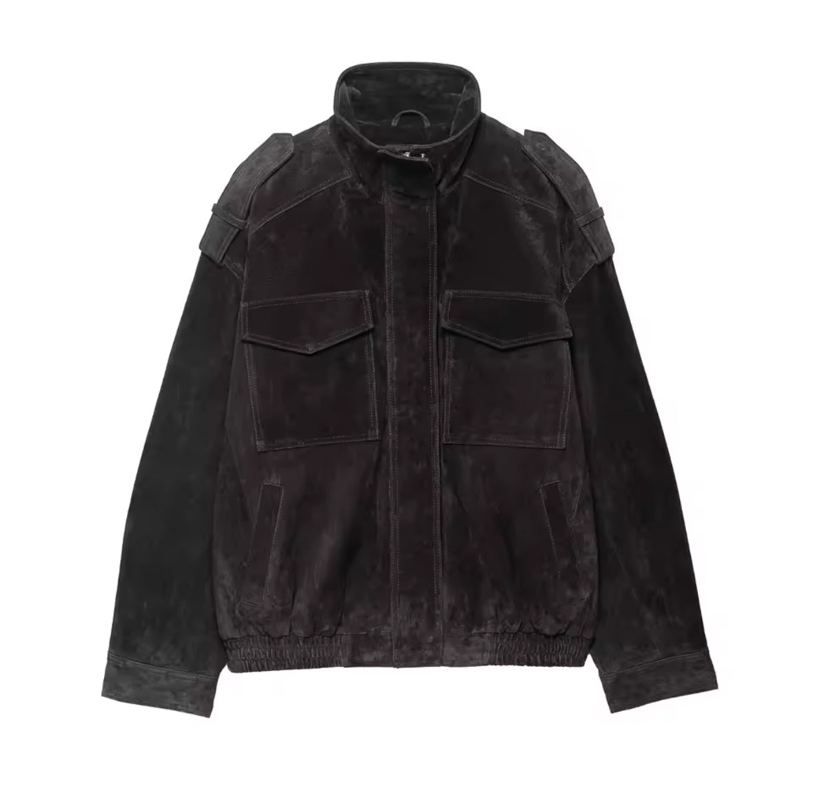 Savage Jacket in Washed Black – Verwaschene schwarze Wildlederjacke mit Schulter-Details und elastischem Bund.