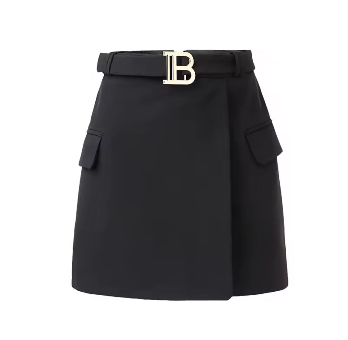 Eleganter Minirock in Schwarz mit goldener B-Schnalle, strukturierter Stoff und Taschenoptik – Designer-inspirierter Look.