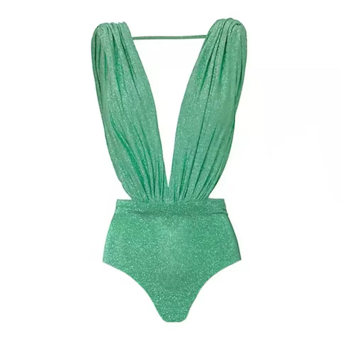 Glowia Badeanzug in schimmerndem Mintgrün mit tiefem V-Ausschnitt – glamourös und sommerlich elegant.