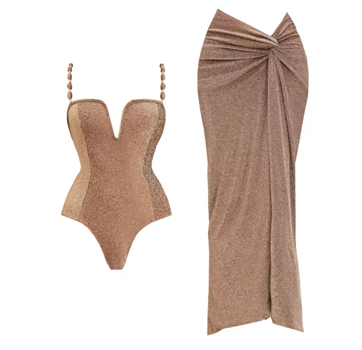 Komplettes Set aus Bikini und Wickelrock in Bronze – edler Sommer-Look