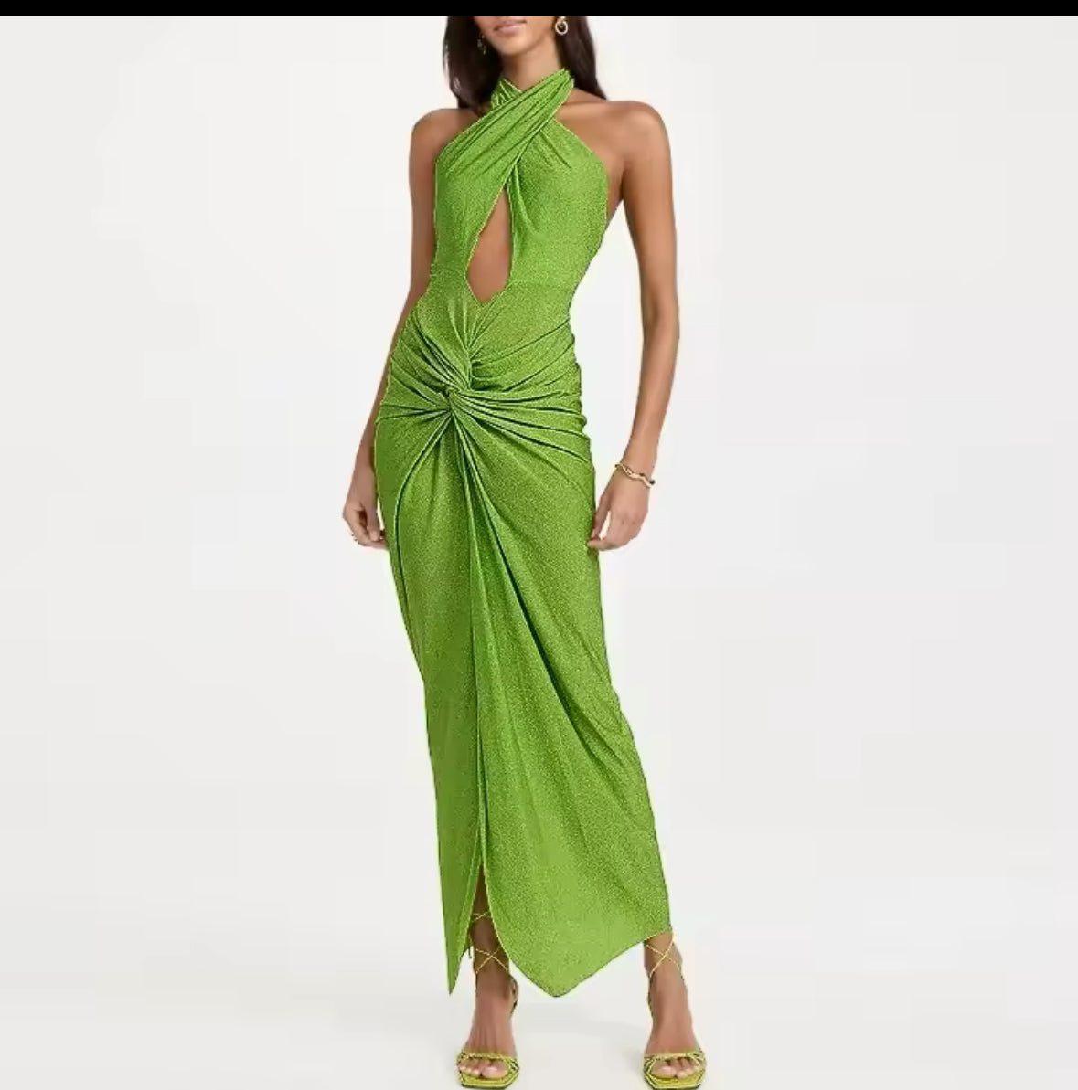 Glowia Badeanzugset in leuchtendem Limettengrün mit Wickelrock – modernes Strandoutfit mit eleganter Drapierung.