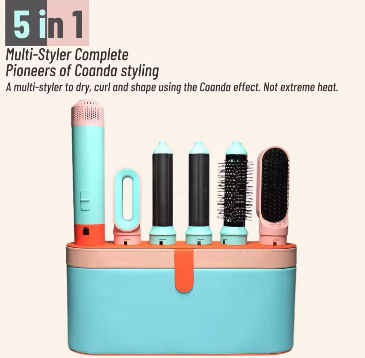 5-in-1 Multi-Styler in stilvollem Design mit verschiedenen Aufsätzen für Locken, Wellen, Glätten und Volumen. Innovatives Haarstyling-Tool mit Coanda-Technologie für schonendes Styling ohne extreme Hitze