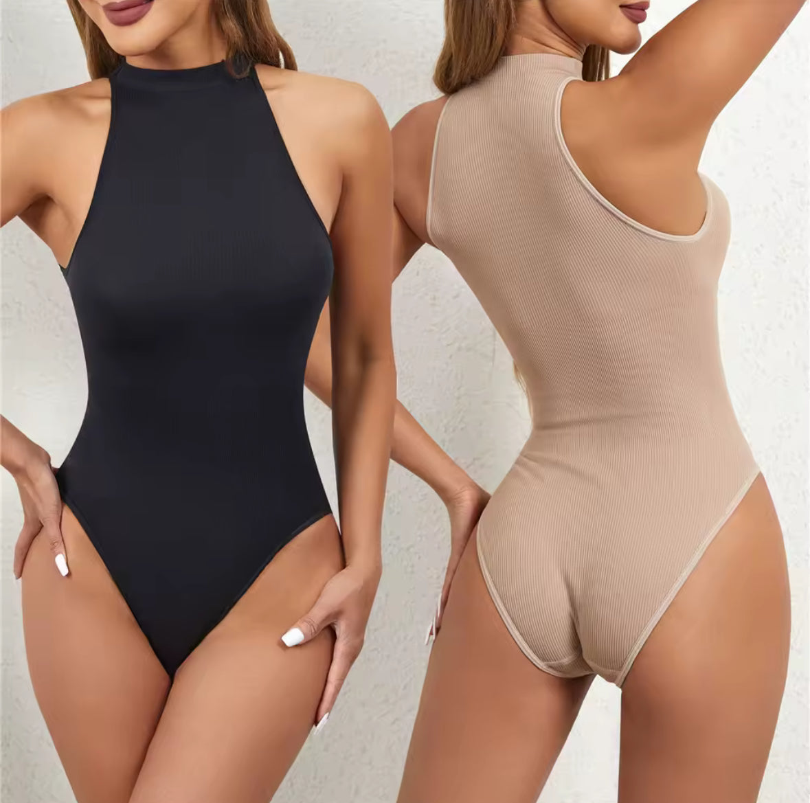 Formender Damenbody mit hohem Halsausschnitt in Schwarz oder Beige – kombiniert stilvolles Design mit starker Shaping-Funktion für Bauch, Taille und Po – tragbar als Top oder als Shapewear unter der Kleidung.