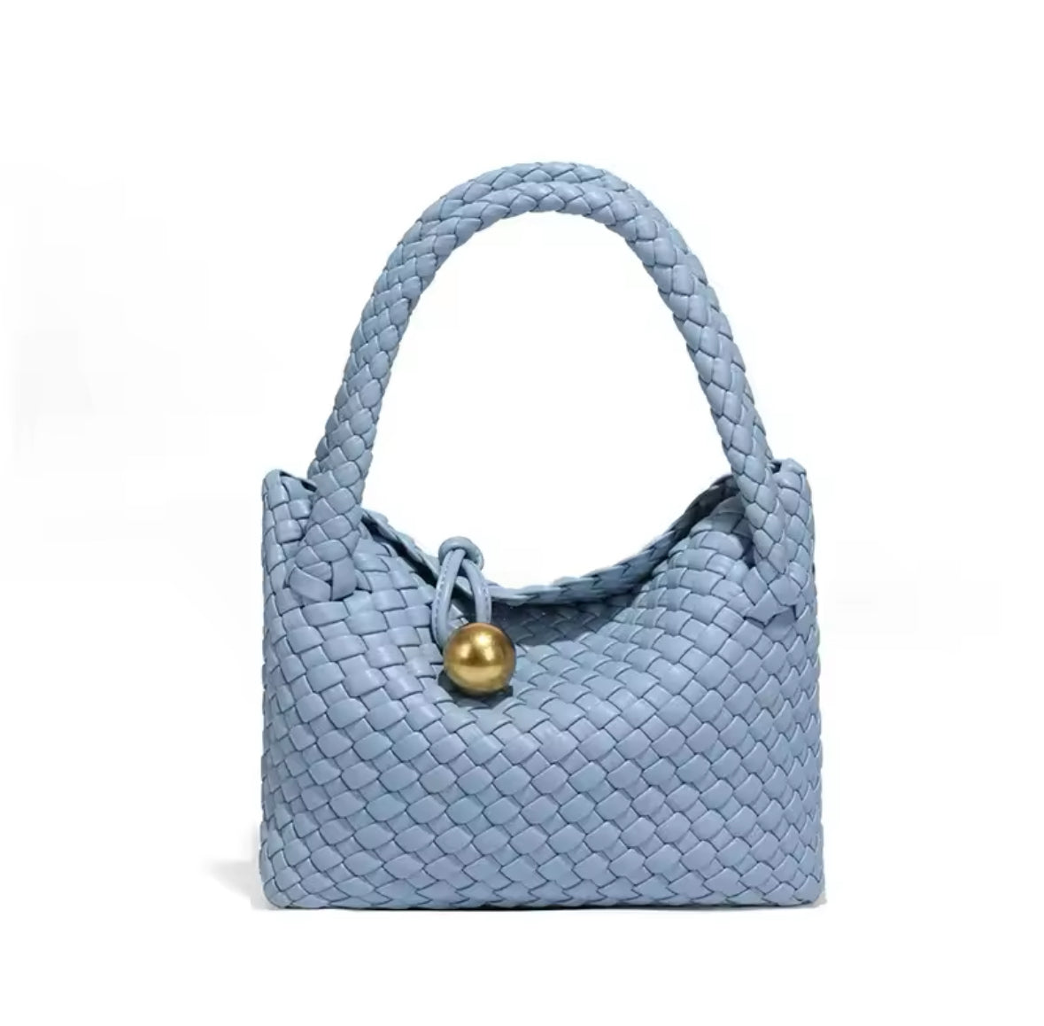 Luxuriöse, handgeflochtene Ledertasche mit goldener Kugelverzierung. Das elegante Design verleiht jedem Look einen Hauch von Raffinesse. Verfügbar in verschiedenen Farben, darunter Schwarz, Braun, Grün, Bordeaux, Silber und Pastelltöne.