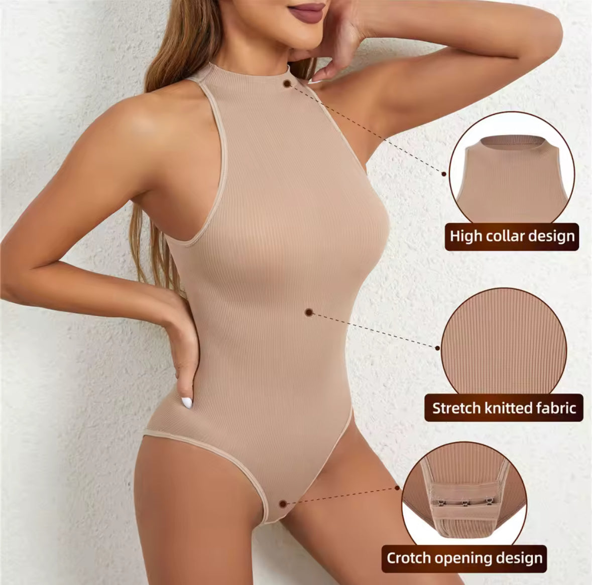 Formender Damenbody mit hohem Halsausschnitt in Schwarz oder Beige – kombiniert stilvolles Design mit starker Shaping-Funktion für Bauch, Taille und Po – tragbar als Top oder als Shapewear unter der Kleidung.