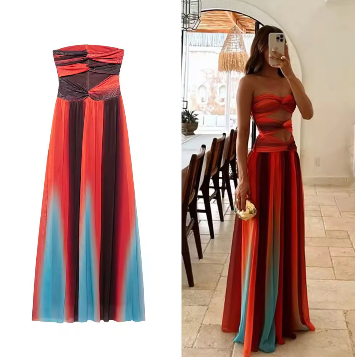Luftiges Maxikleid mit Farbverlauf in Orange, Rot, Türkis und Bordeaux, mit Cut-Outs und Bandeau-Stil – ideal für Sommer, Strand und besondere Anlässe.
