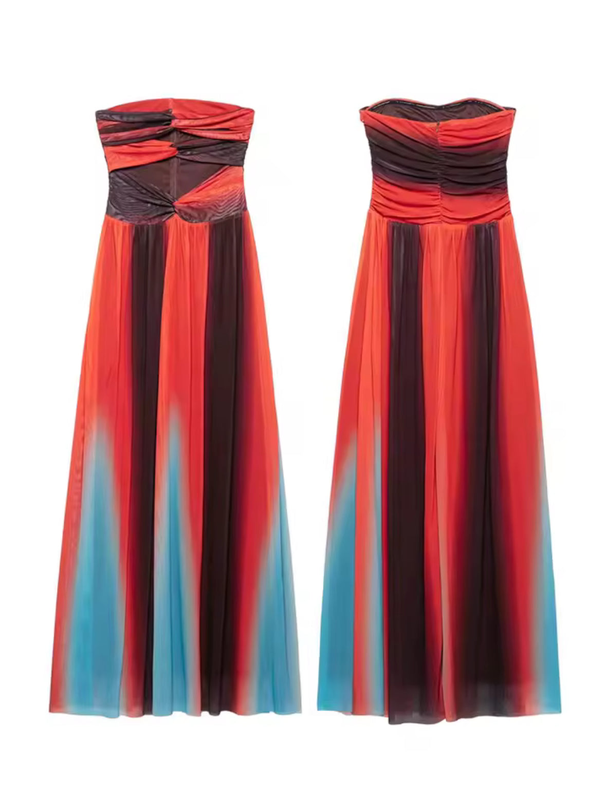 Luftiges Maxikleid mit Farbverlauf in Orange, Rot, Türkis und Bordeaux, mit Cut-Outs und Bandeau-Stil – ideal für Sommer, Strand und besondere Anlässe.