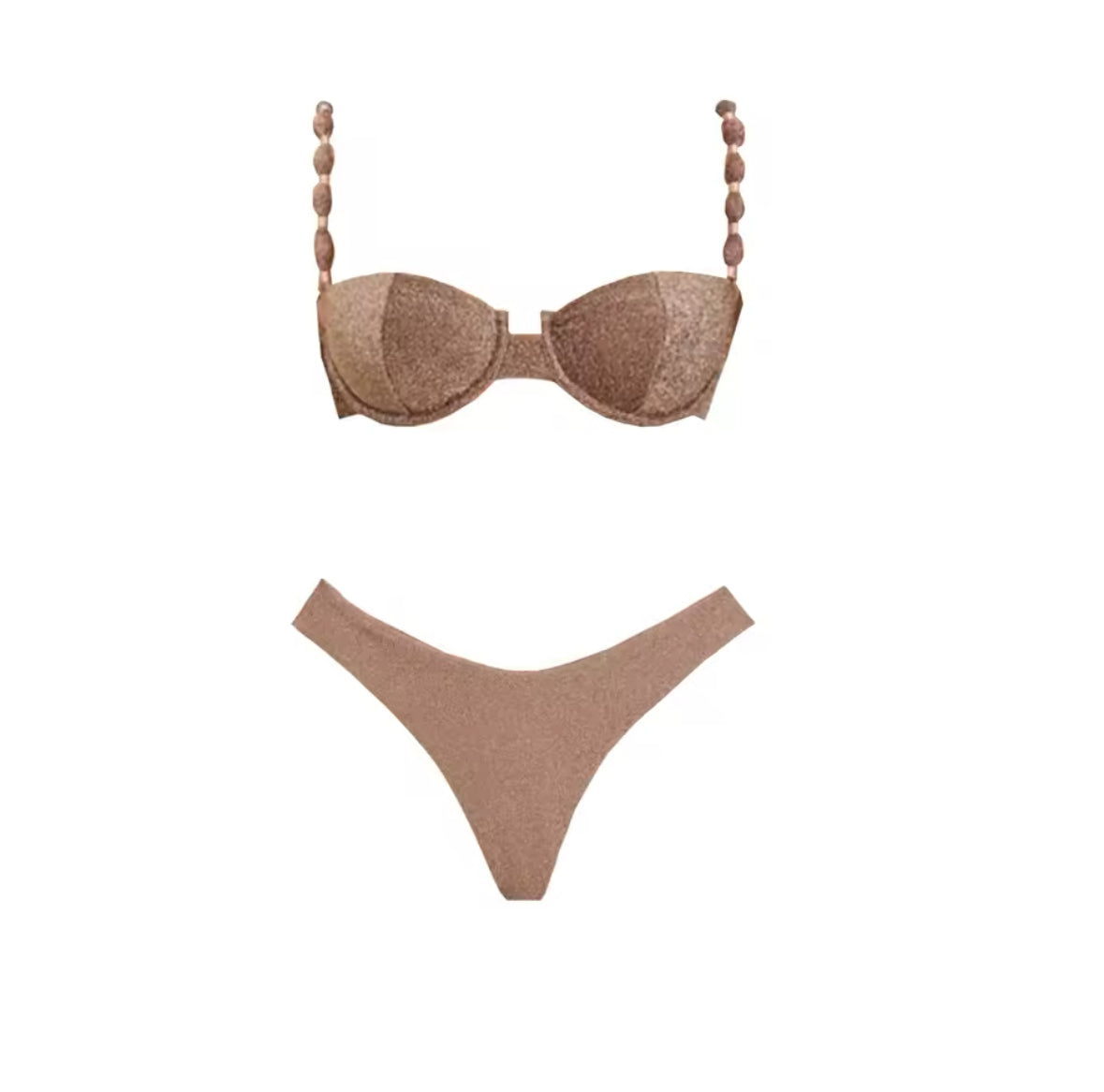 Bikini in Bronze mit Perlen-Trägern – zweiteiliges Set mit elegantem Glanz-Effekt.