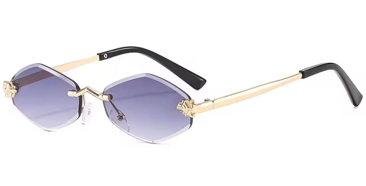 Randlose Sonnenbrille mit goldenen Panther-Details an den Gläsern, erhältlich in fünf Farbvarianten mit schwarzen Bügeln