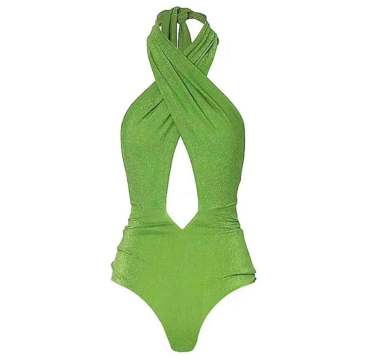 Glowia Badeanzug in glänzendem Limettengrün mit gekreuztem Neckholder und figurformender Silhouette.