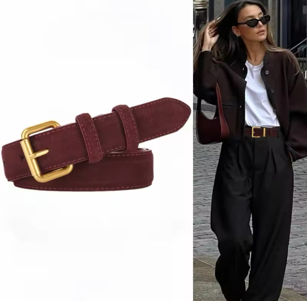 Edler Wildledergürtel mit goldener Schnalle – ein zeitloses Accessoire für elegante und lässige Looks. Verfügbar in Schwarz, Cognac, Bordeaux und Braun. Perfekt, um Outfits stilvoll zu akzentuieren.