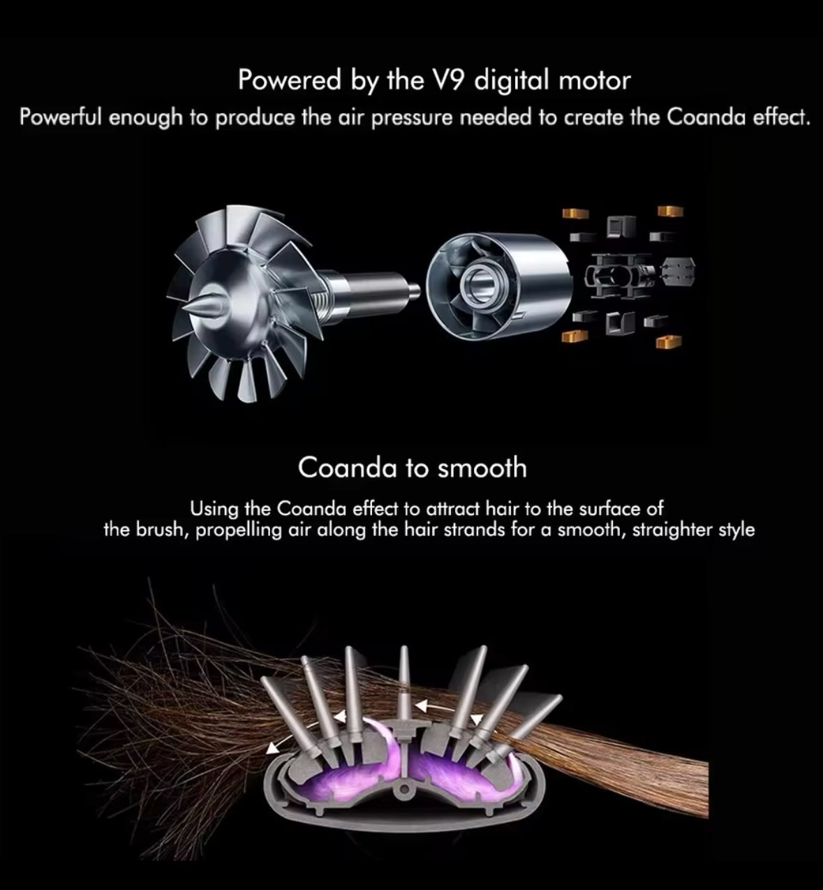 Detailaufnahme des leistungsstarken V9-Motors und der Coanda-Technologie, die das Haar sanft anzieht und stylt, ohne Hitzeschäden zu verursachen.