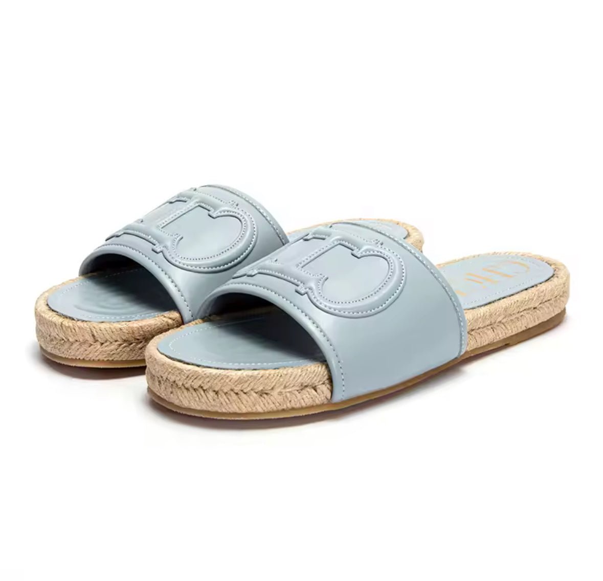 CHCH Slides in Pink, Hellblau und Dunkelblau mit Bast-Optik und rutschfester Gummisohle