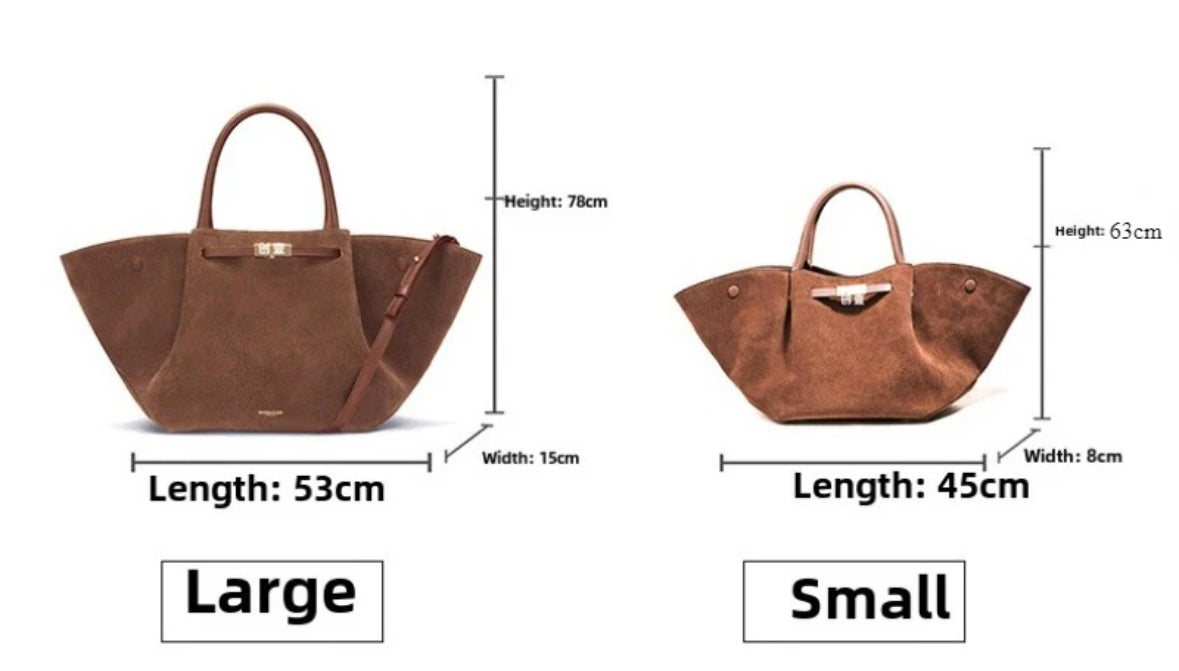 Elegante, große Handtasche mit luxuriöser Wildleder-Optik und goldenen Details. Verfügbar in Schwarz, Dunkelbraun und Cognacbraun. Perfekt für einen stilvollen, zeitlosen Look – ideal für Business und Alltag.