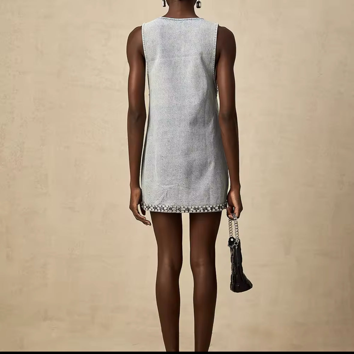 Crystal Denim Mini Dress | sleeveless party dress | rhinestone denim dress | glam outfit | luxury look | deep V-neck dress | statement mini dress | HB Interior and Fashion | Summer 2025 Collection | sparkling details