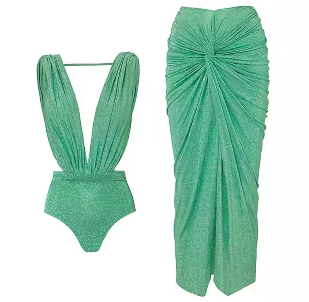 Glowia Badeanzugset in Mintgrün mit Drapé-Rock – glamouröser Zweiteiler mit glitzernder Oberfläche und hohem Schlitz.