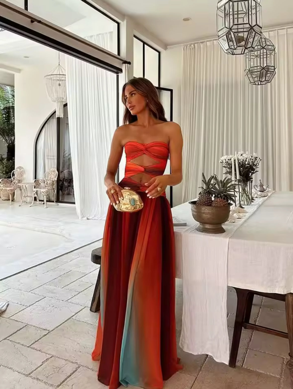 Sunset Mirage Maxikleid – Farbverlauf Sommerkleid mit Cut-Outs