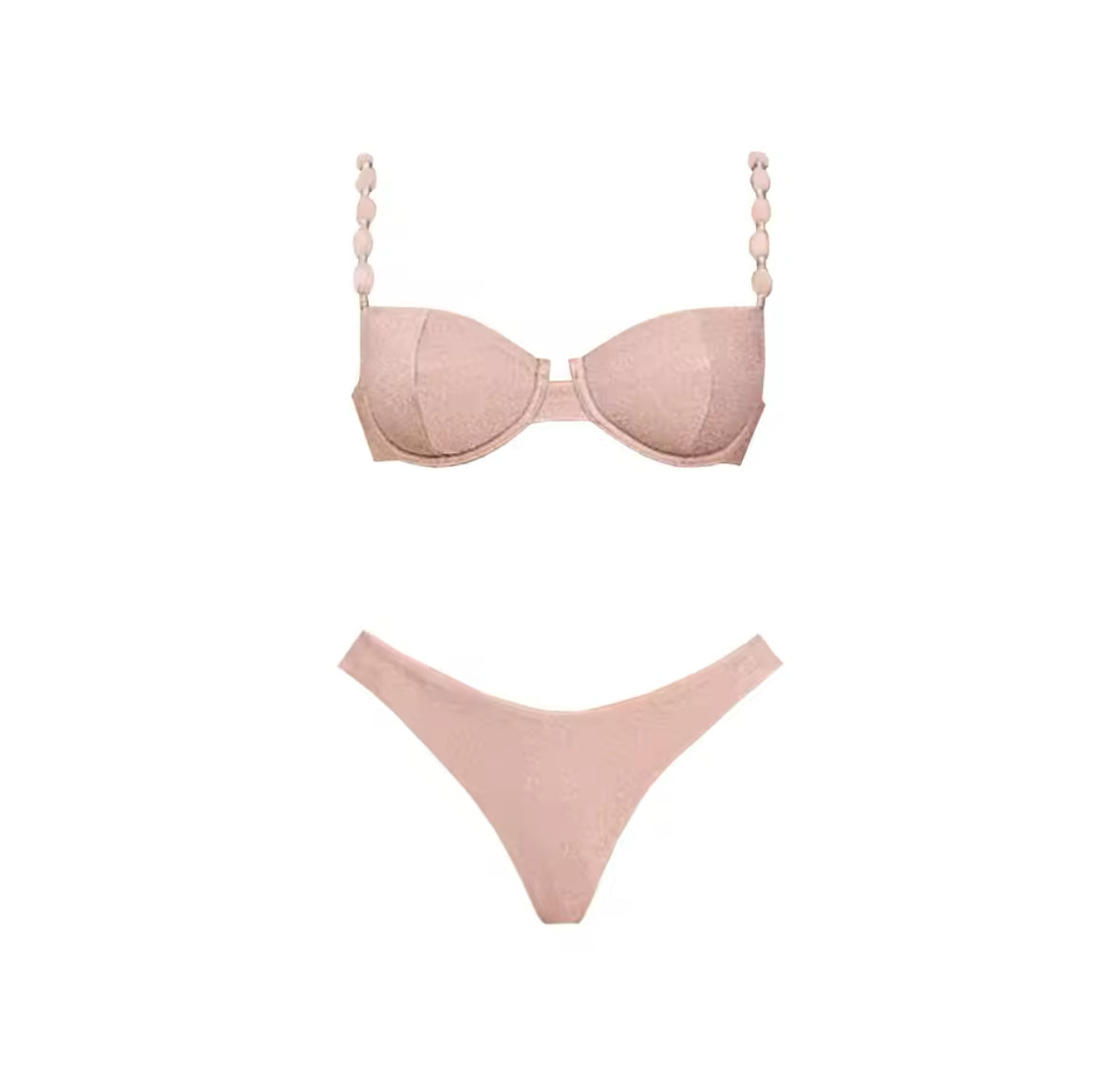 Zartrosafarbener Bikini mit Perlen-Trägern – zart und feminin mit Glanz-Optik.