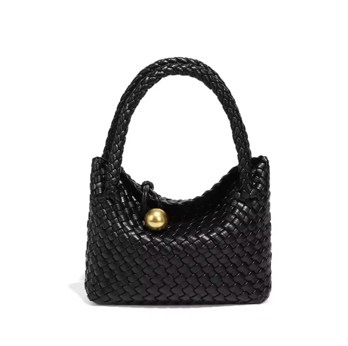 Luxuriöse, handgeflochtene Ledertasche mit goldener Kugelverzierung. Das elegante Design verleiht jedem Look einen Hauch von Raffinesse. Verfügbar in verschiedenen Farben, darunter Schwarz, Braun, Grün, Bordeaux, Silber und Pastelltöne.