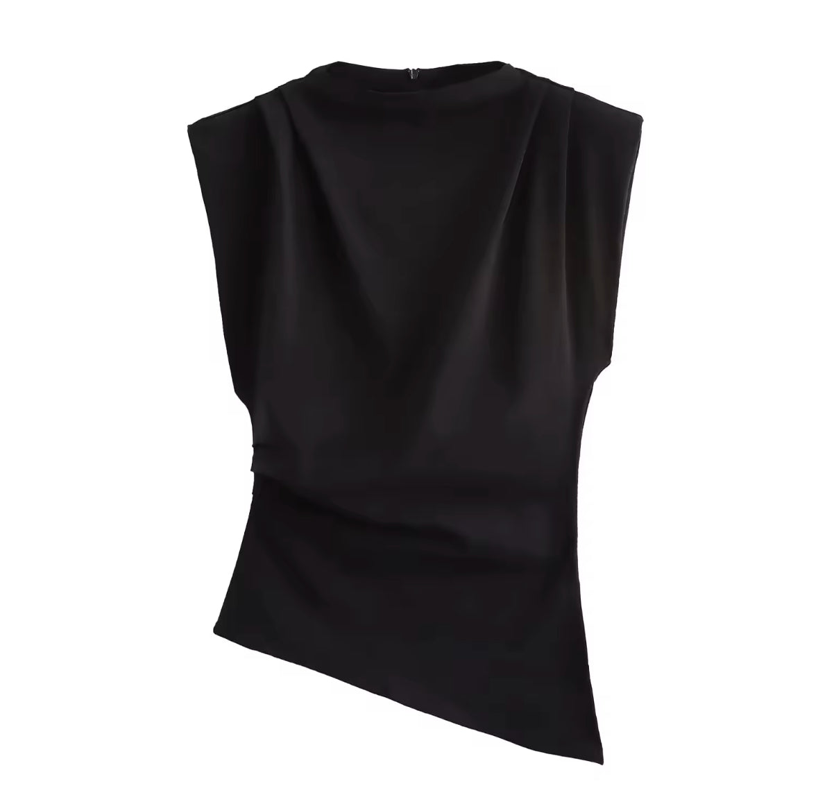 Ärmelloses, asymmetrisches Top mit elegantem Faltenwurf in drei Farben – Braun, Burgunderrot und Schwarz. Perfekt für einen stilvollen und modernen Look.