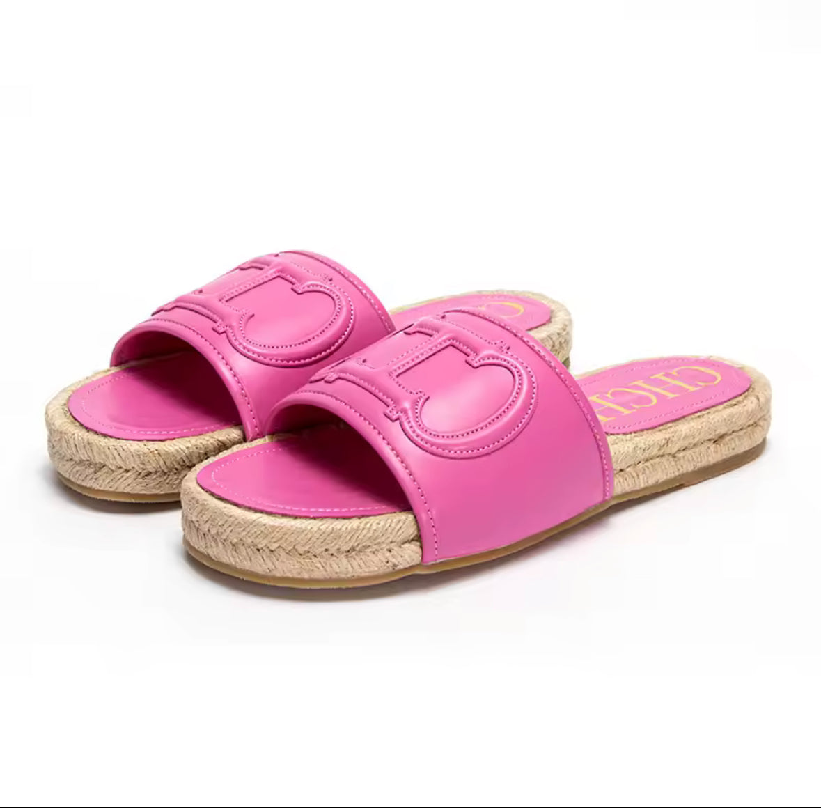 CHCH Slides in Pink, Hellblau und Dunkelblau mit Bast-Optik und rutschfester Gummisohle