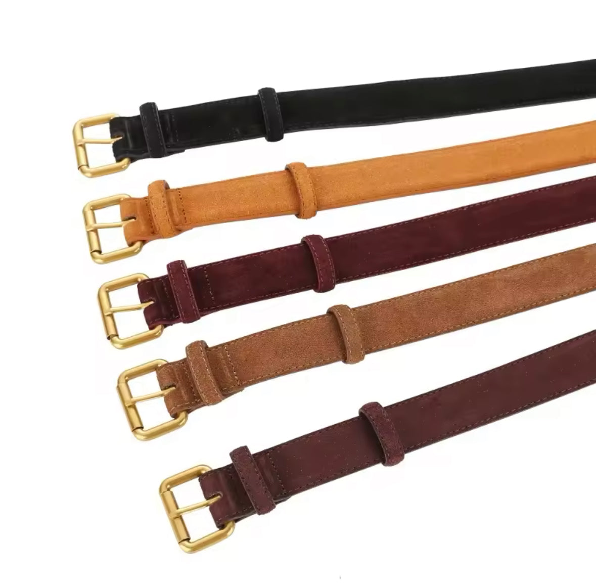 Edler Wildledergürtel mit goldener Schnalle – ein zeitloses Accessoire für elegante und lässige Looks. Verfügbar in Schwarz, Cognac, Bordeaux und Braun. Perfekt, um Outfits stilvoll zu akzentuieren.