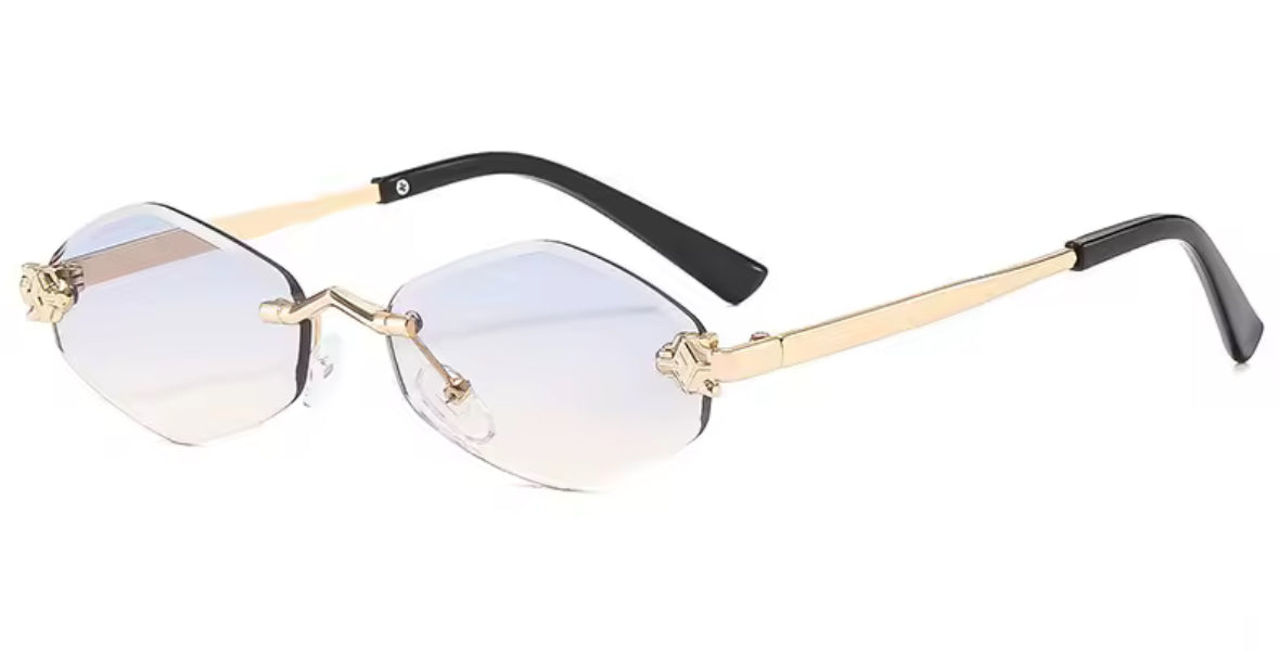 Randlose Sonnenbrille mit goldenen Panther-Details an den Gläsern, erhältlich in fünf Farbvarianten mit schwarzen Bügeln