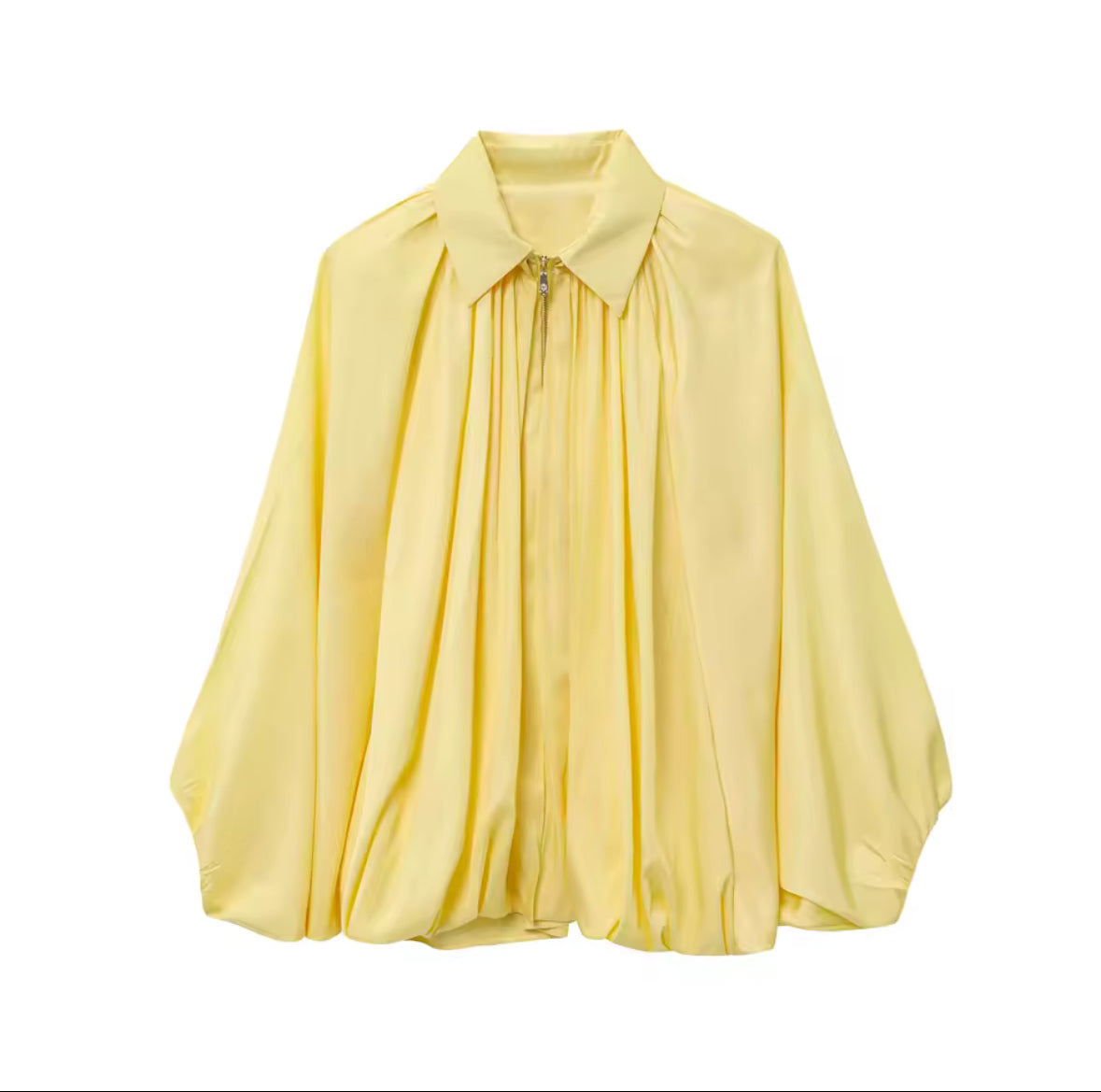 Louvre Blouson – Satinbluse mit Falten und Ballonärmeln, in Olive, Taupe und Gelb, tragbar als Bluse oder leichte Jacke in Größen S, M, L