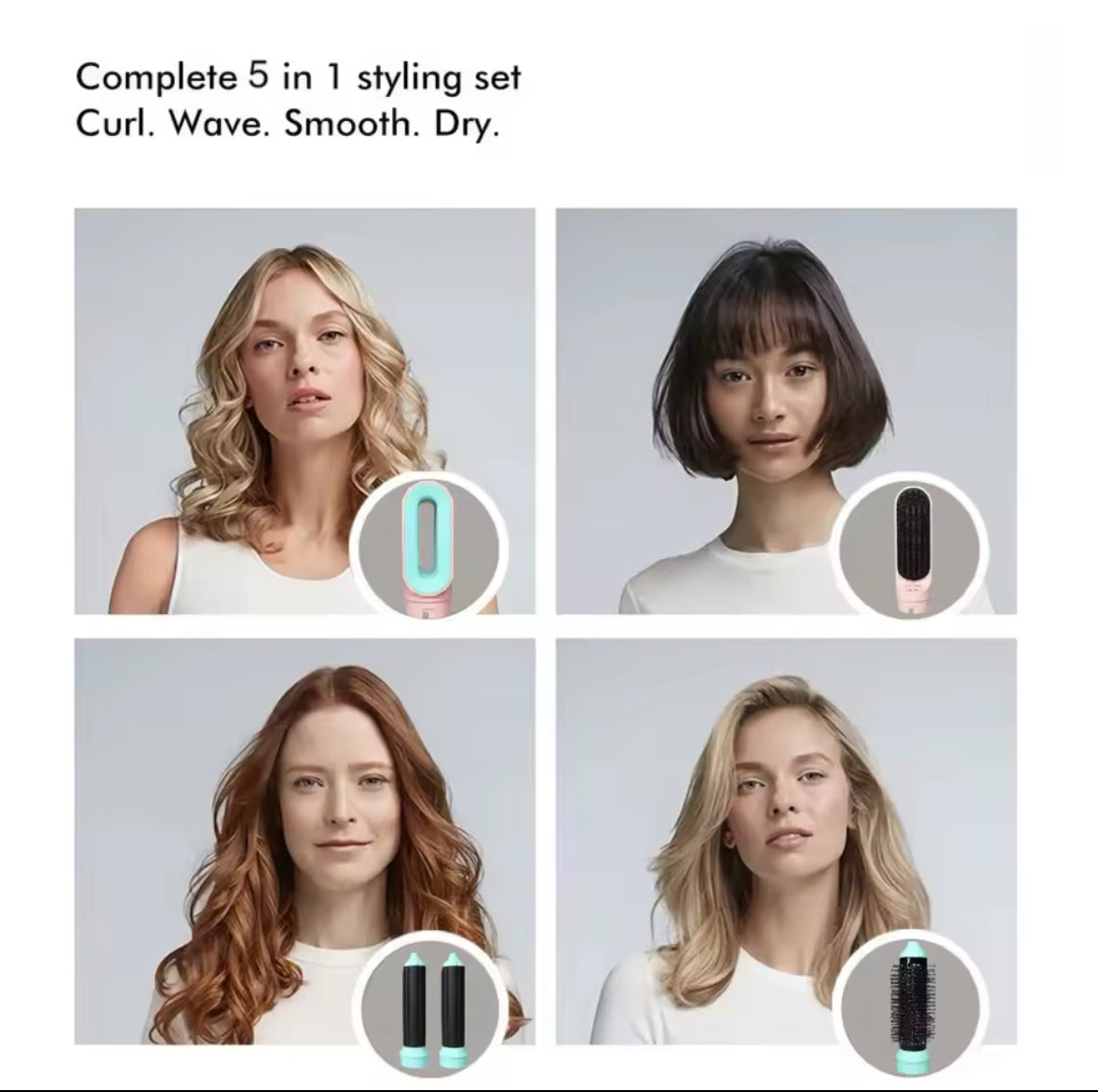Vier Frauen mit unterschiedlichen Haarstyles: sanfte Wellen, voluminöse Locken, glattes Haar und gestylte Bob-Frisur – alle mit dem 5-in-1 Multi-Styler kreiert