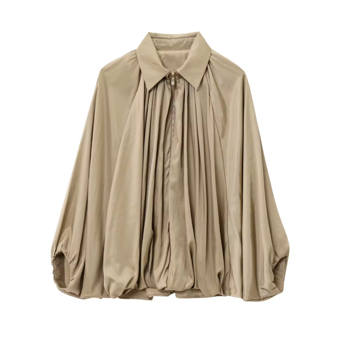 Louvre Blouson – Satinbluse mit Falten und Ballonärmeln, in Olive, Taupe und Gelb, tragbar als Bluse oder leichte Jacke in Größen S, M, L