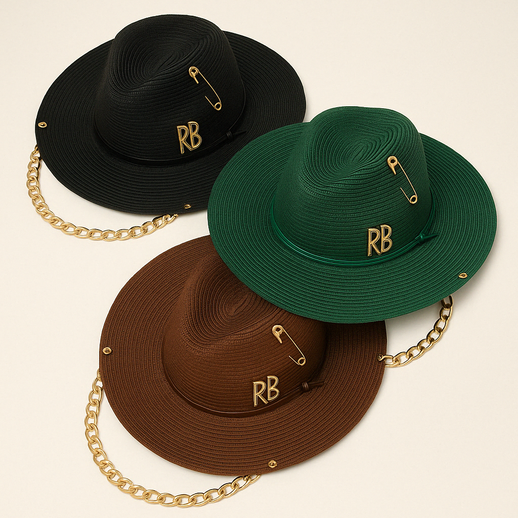 Damen-Fedora-Hut mit breiter Krempe in Schwarz, Braun oder Grün, verziert mit goldener Gliederkette, Sicherheitsnadel und RB-Monogramm – ideal für Sommer, Strand und Festivals