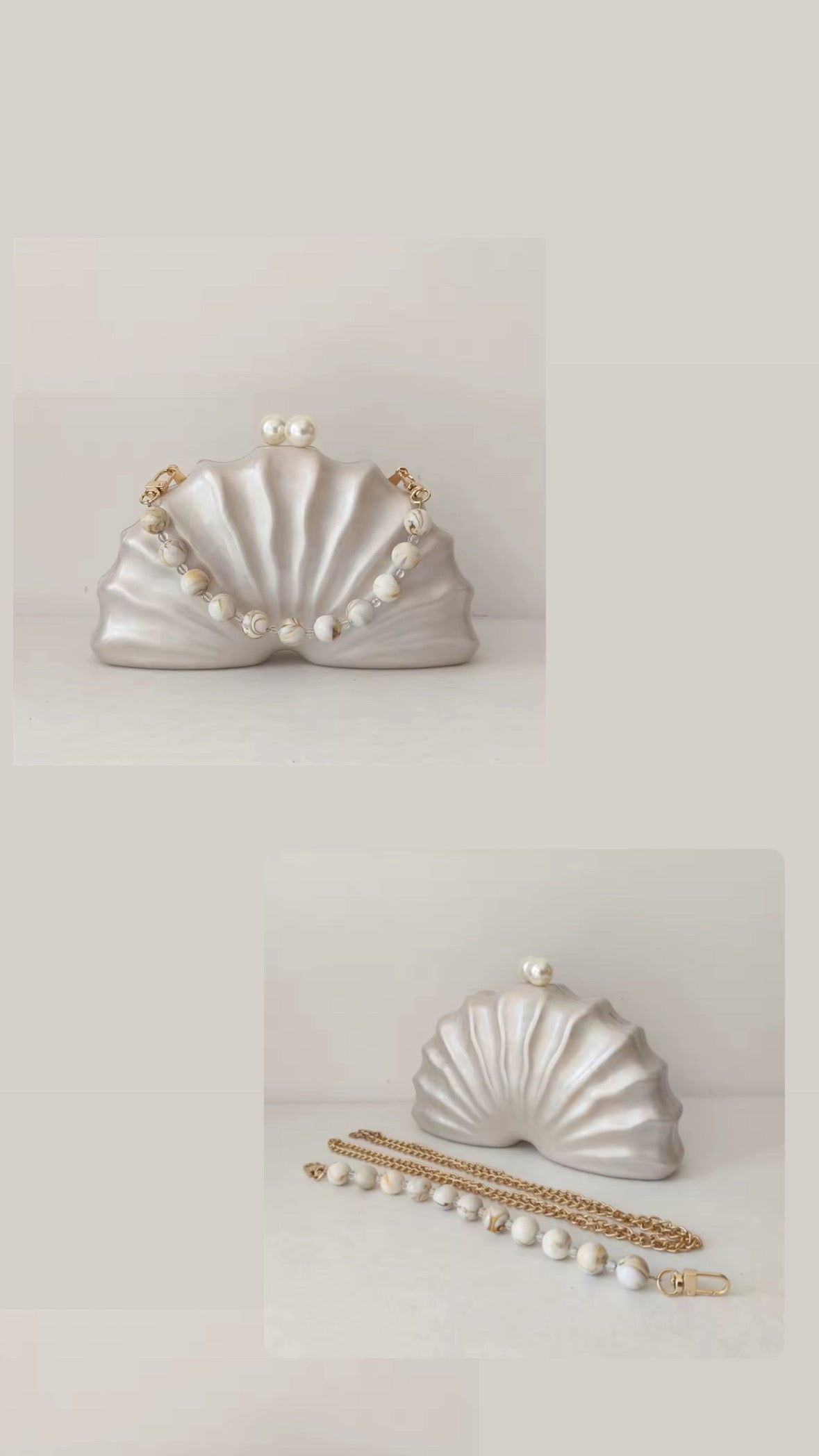 Muschelförmige Clutch mit Perlenkette und Goldkette