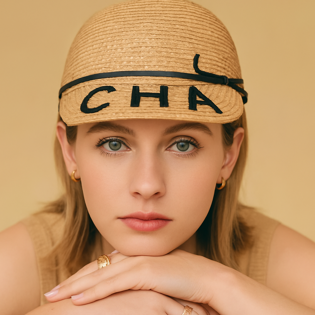 Stroh-Cap mit schwarzer Stickerei und Schirm auf beigem Hintergrund – elegantes Sommer-Accessoire mit edlen Details.