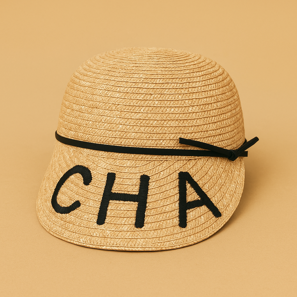 Stroh-Cap mit schwarzer Stickerei und Schirm auf beigem Hintergrund – elegantes Sommer-Accessoire mit edlen Details.